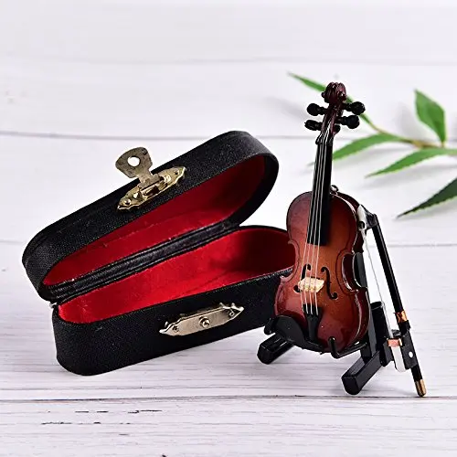 Size 3 inch Mini Violin Dollhouse Miniature Musical Instrument Wooden Model Decor Bow, Stand Support Case