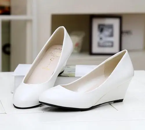 2015 Latest design korean style candy color women shoes round toe high wedge heel fancy formal ladies work shoes