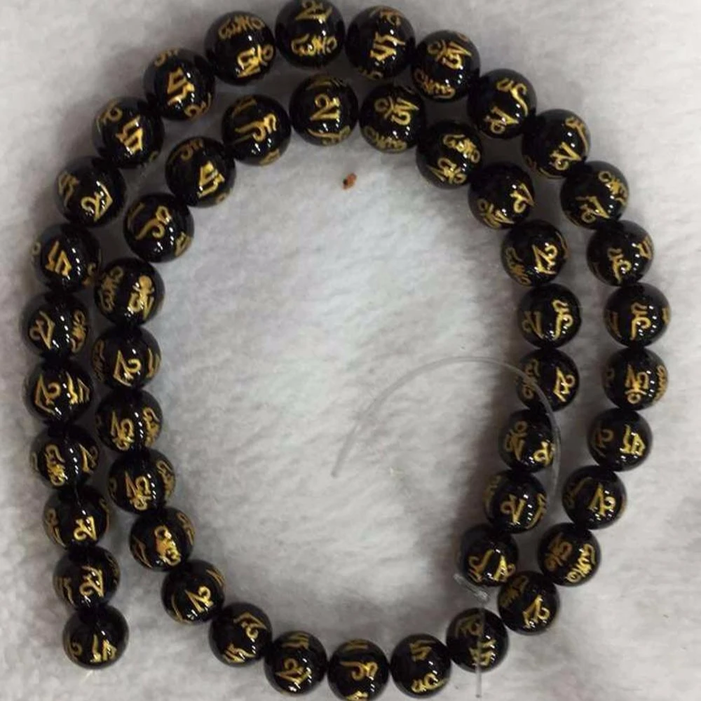 wholesale loose gemstone black onyx engraved gold Sanskrit onyx 8mm engraved agate stone bead for jewelry making