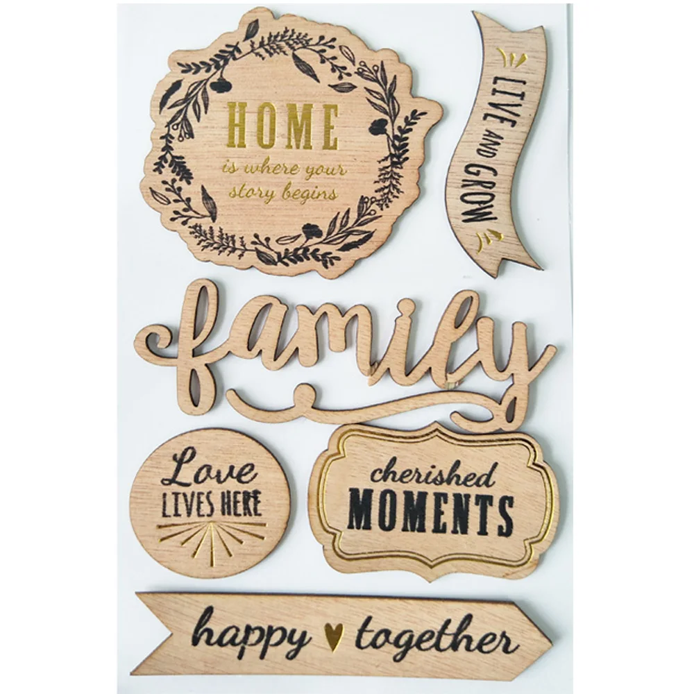 6pcs hot gold and black printed lovely diy wooden embellishment stickers