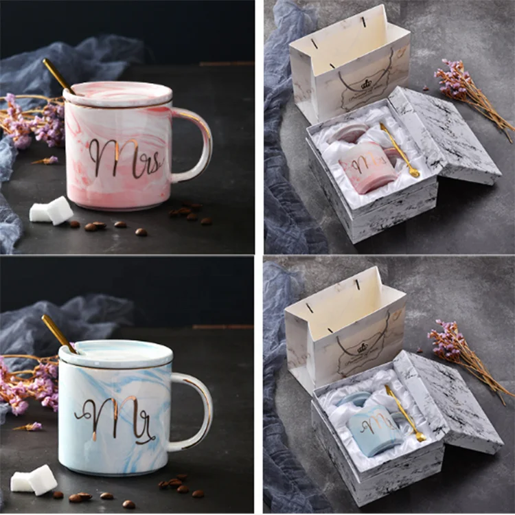 wholesale online 380ml Marble Ceramic Mug Travel Coffee Mug Milk Tea Cup Creative Mr and Mrs Mugs Pink Gold weeding gift