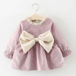 Custom Newborn Ruffle Collar Big Bowtie Ornament Corduroy  Baby Romper Long Sleeve Kids Frock