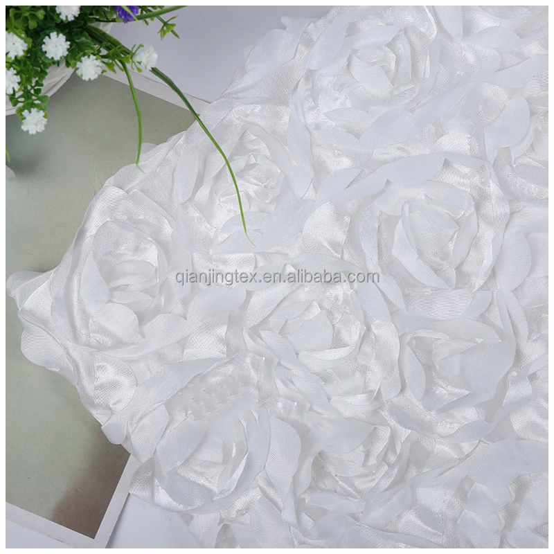 High density 3D flower embroidery shiny polyester rosette satin fabric for wedding decoration