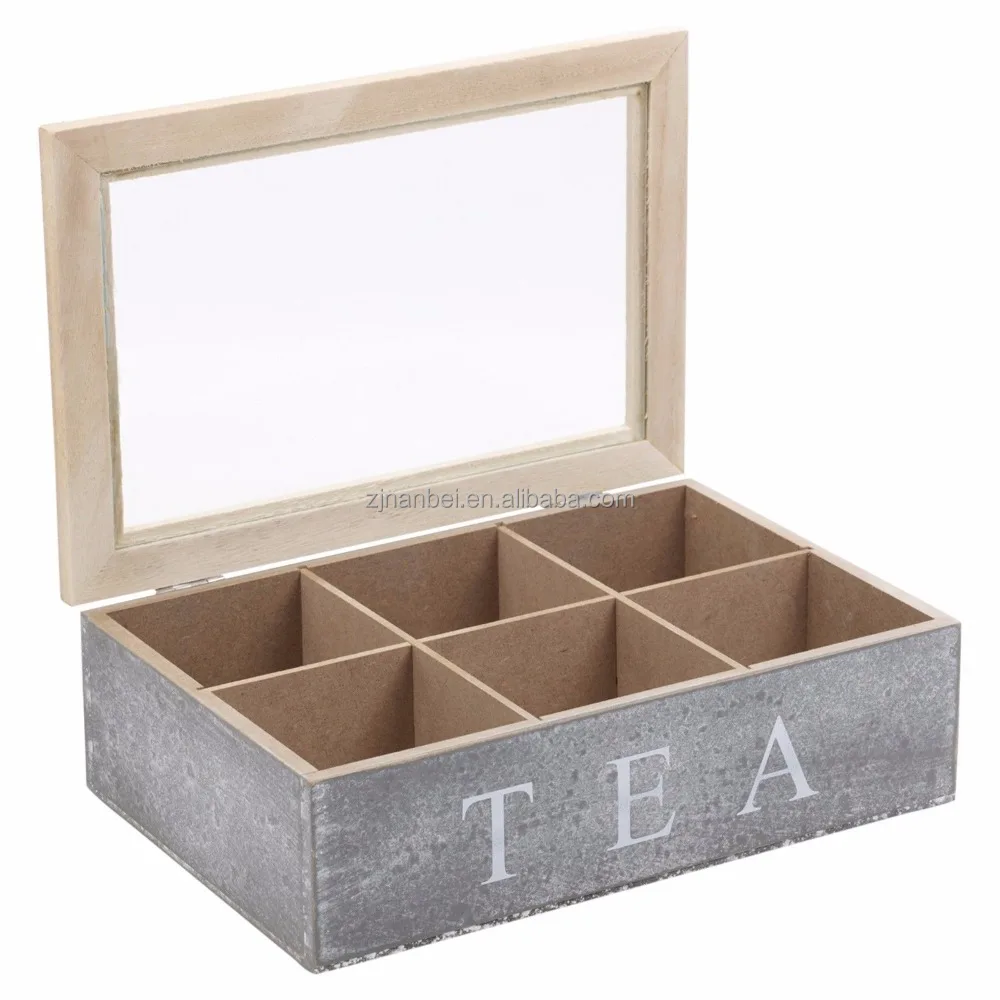 Custom logo grey finished 6 compartment wooden tea bag box with glass lid
