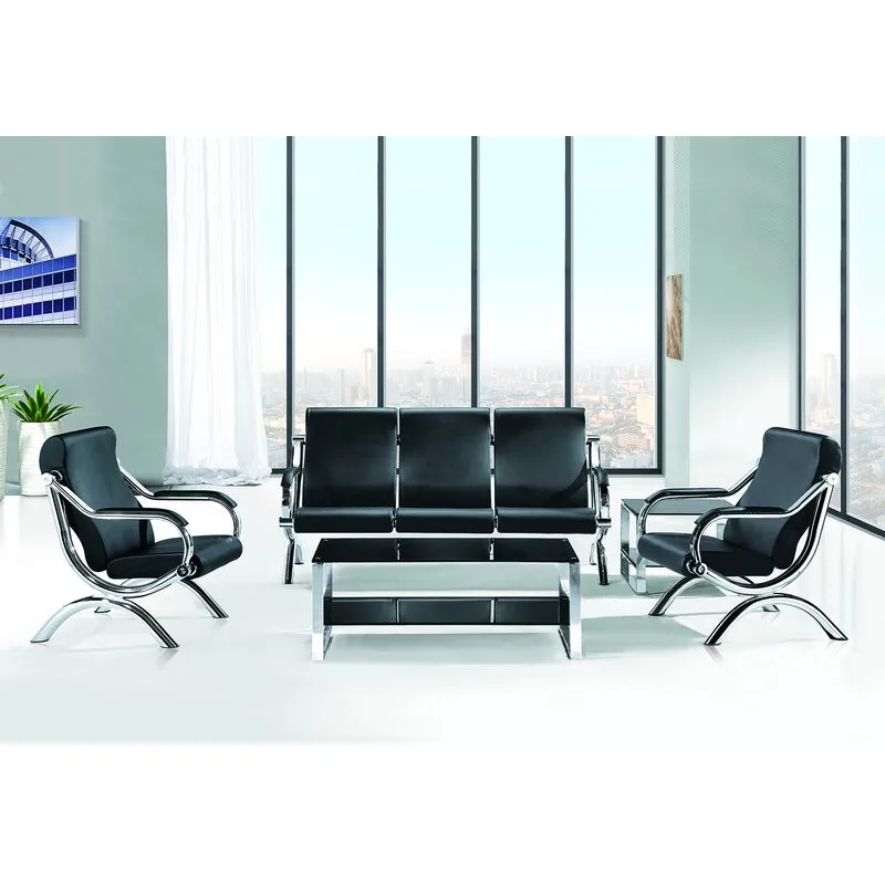 Металлические ножки, черный кожаный полиуретан, 123 мест, офисный диван для стойки