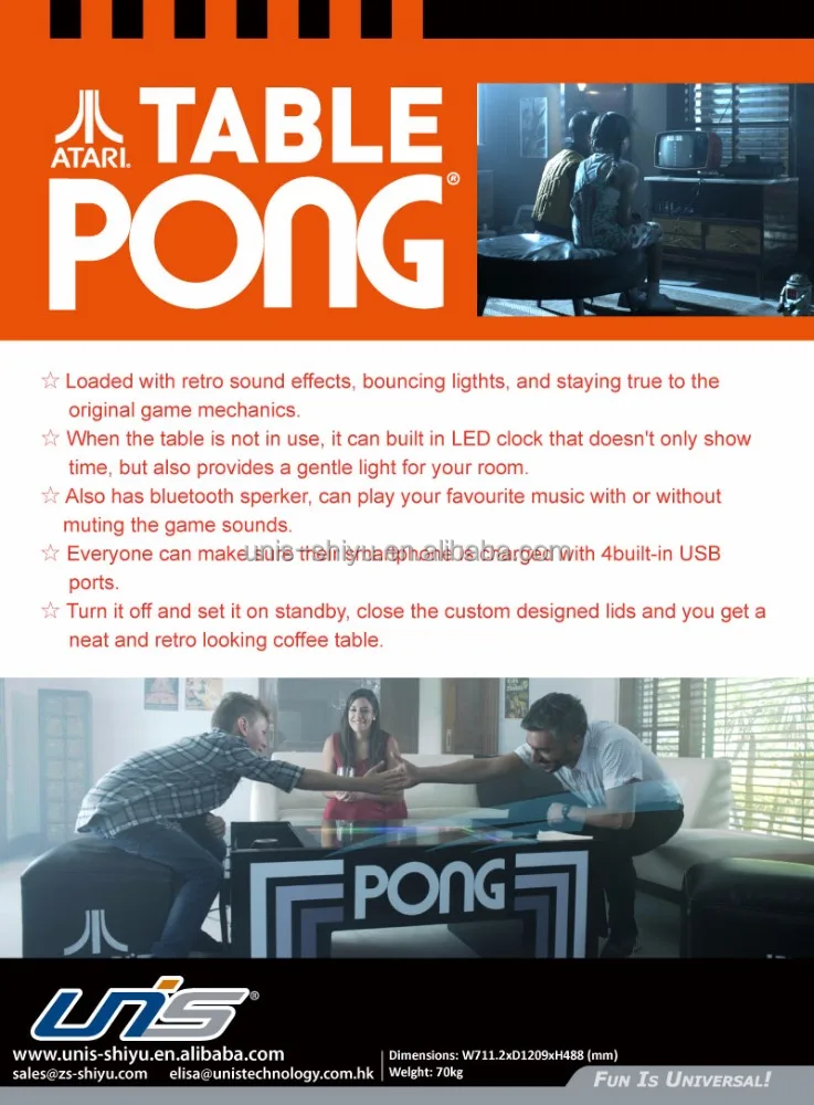 
UNIS PONG TABLE arcade game machine coffee table used in office or bar 