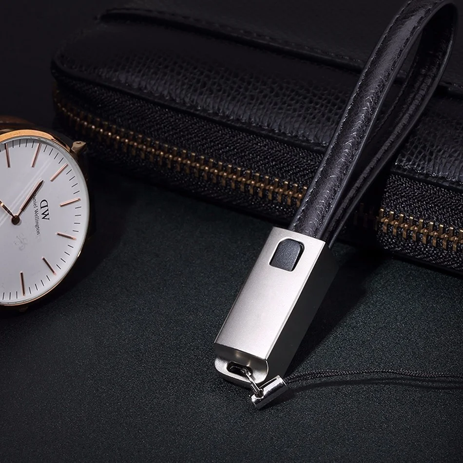 Factory high quality upscale 22CM PU leather Zinc alloy plug keychain Data USB Charging Cable for iphone for Samsung for Huawei