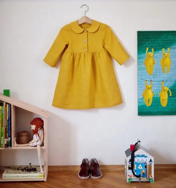 Hot Selling Ruffled Spring 100% Linen Girls Dress with belt