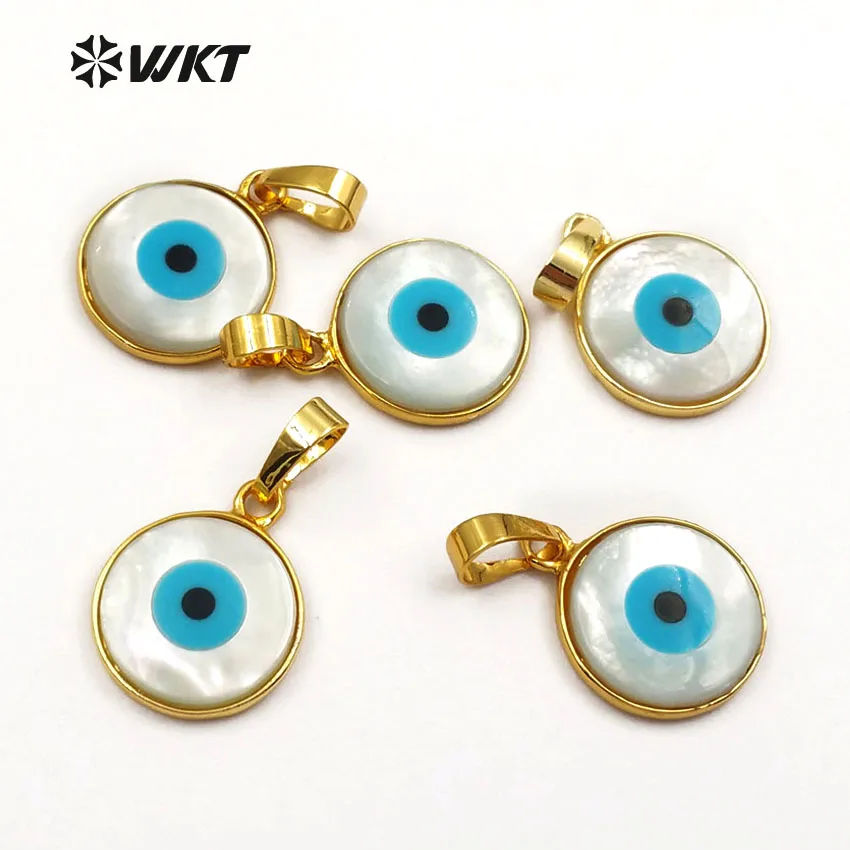 WT-P628 Wholesale Natural shell round eye pendant, 24k gold plated bezel eye pendant