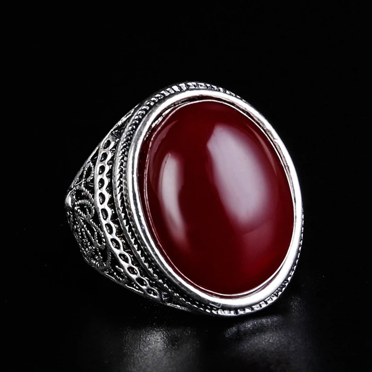 RW-115 Fashion Bohemia Style Big Agate Stone Retro Delicate Carving Anti-Silver Alloy Ring