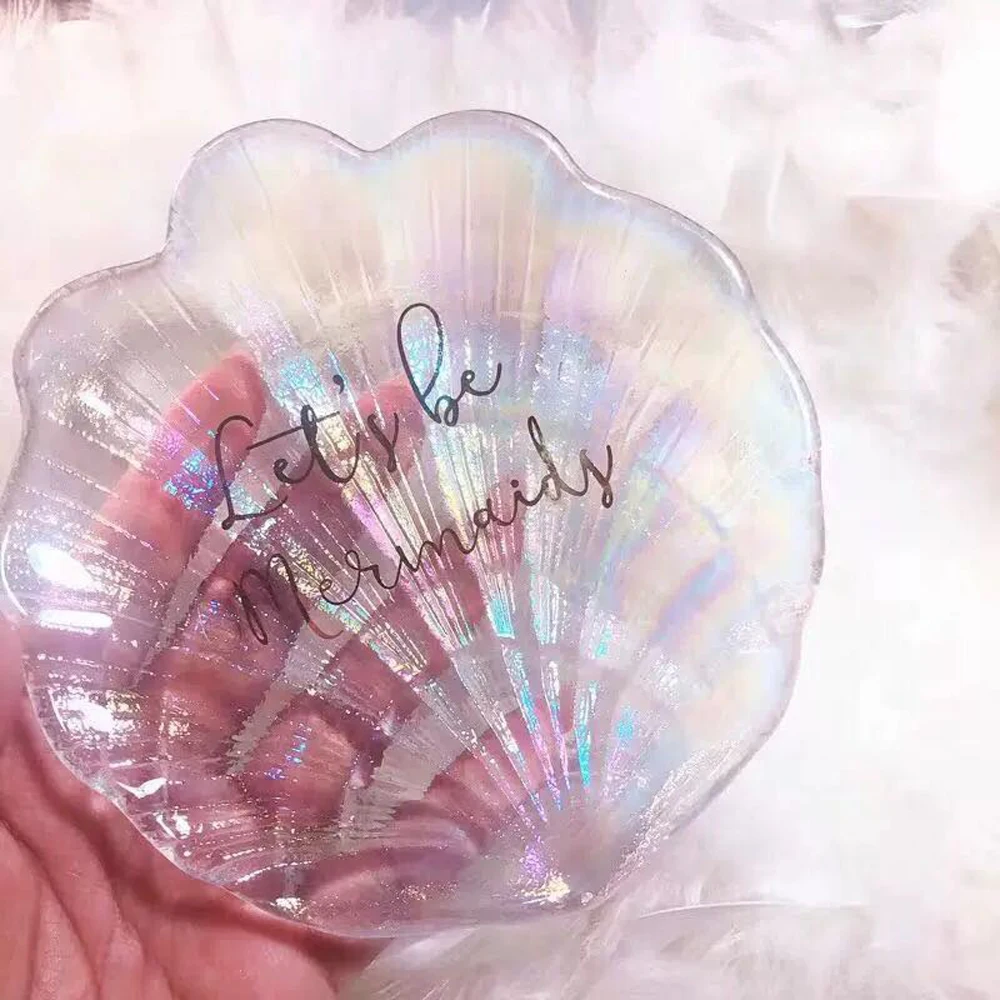 
Fairy Jewelry Display Plate Fantasy Decoration Colorful Laser Bronzing Letters Mermaid Shell Glass Plate 