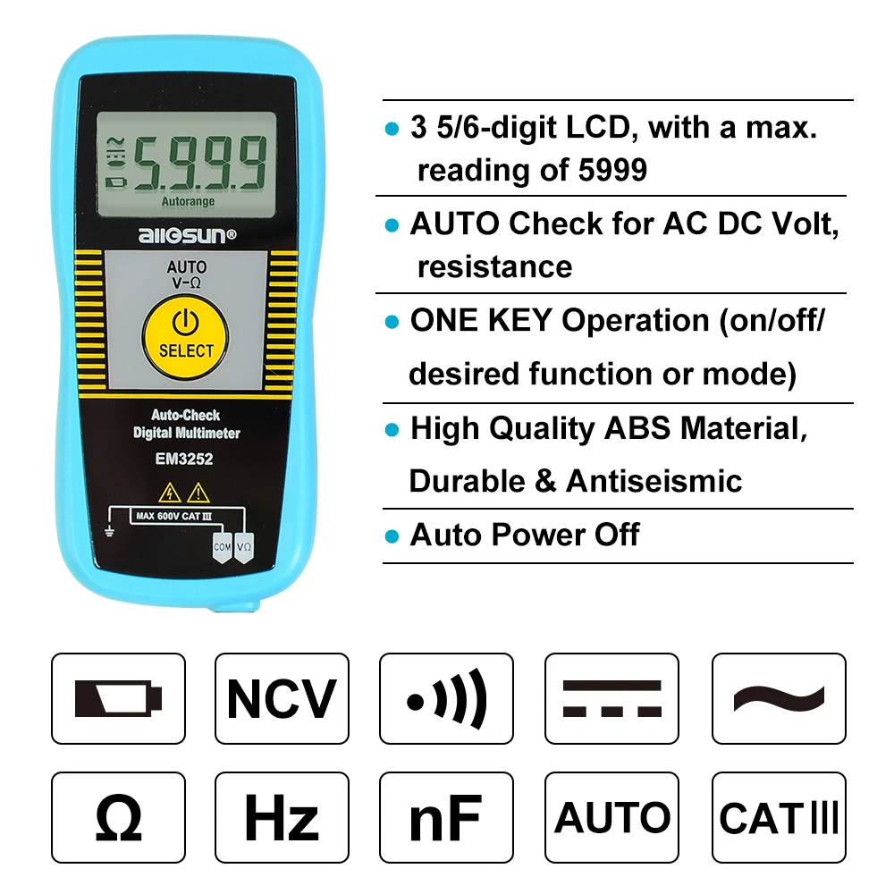 Allosun EM3252 Auto Ranging Pocket Multimeter Digital Voltmeter Resistance Frequency Capacitance Continuity 7-Modes Test