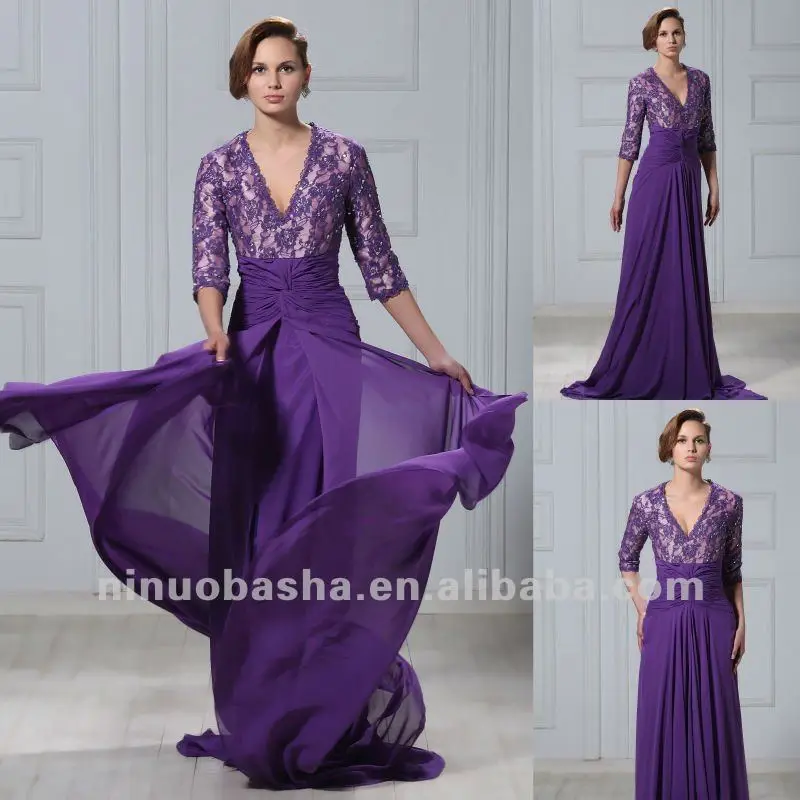 Cheap Purple Lace Three Quarter Sleeves V Neck Chapel Train Pleated Sheath Mother Dress Evening Gown