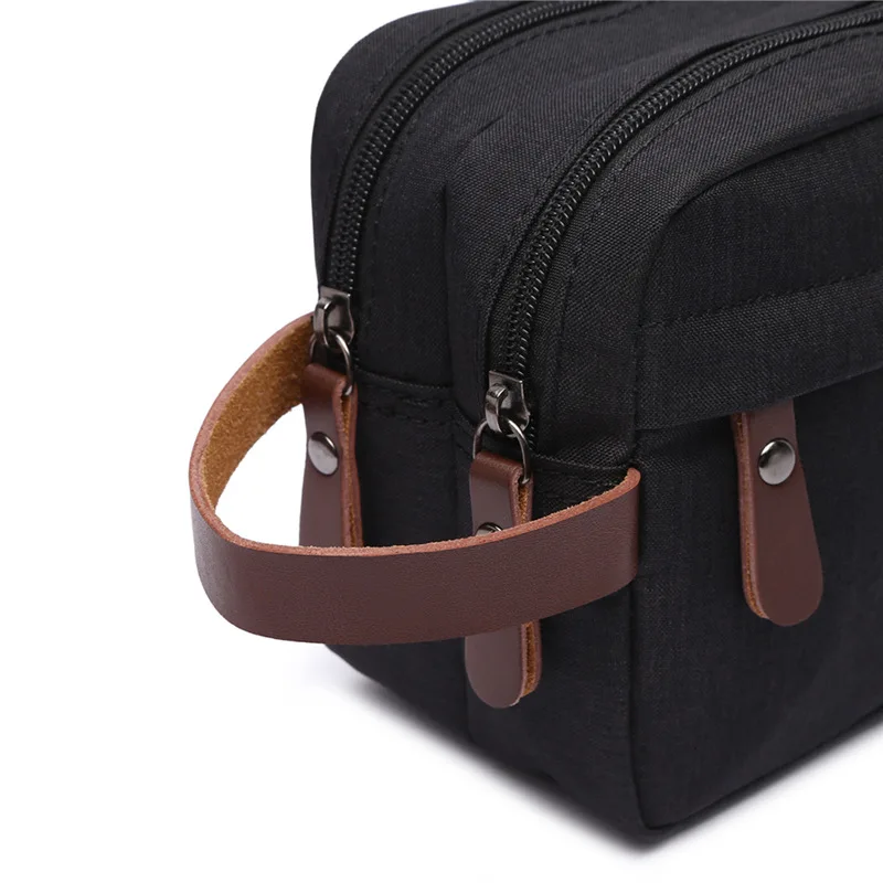 Travel traditional doppsac double zipper canvas mens toiletry bag shaving dopp case dopp kit bag with leather handle