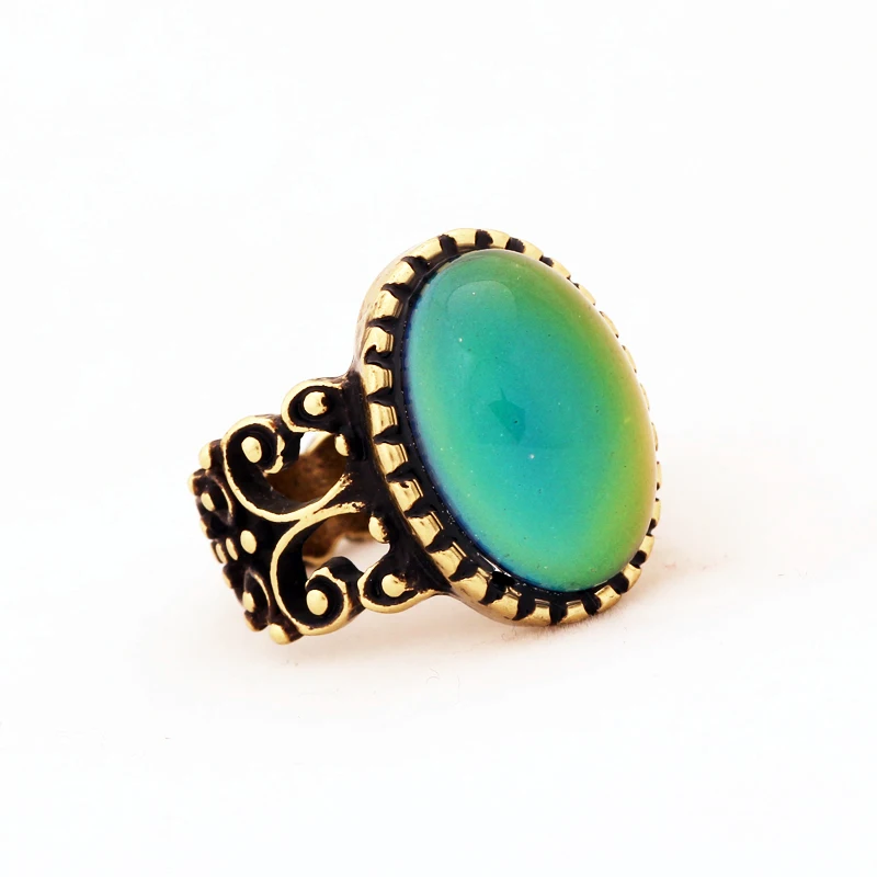 2021 Mojo Best Selling Classic Design Antique Gold Plated Magic Change Color Jewelry Glass Stone Crystal Mood Ring for Man