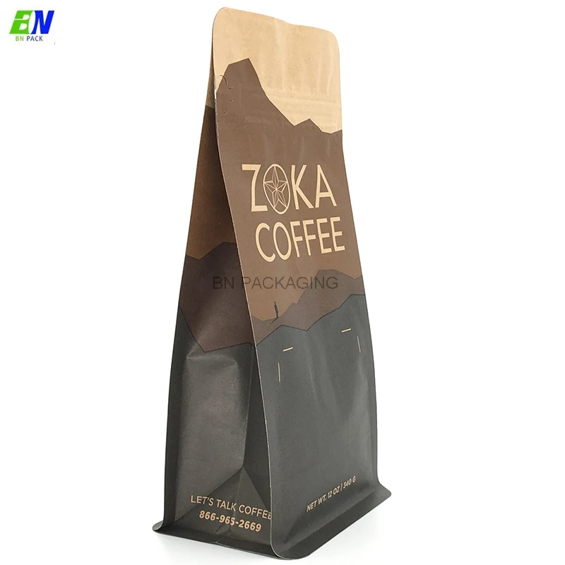Custom logo Kraft paper+PLA biodegradable box bottom pouch bags with compostable valve