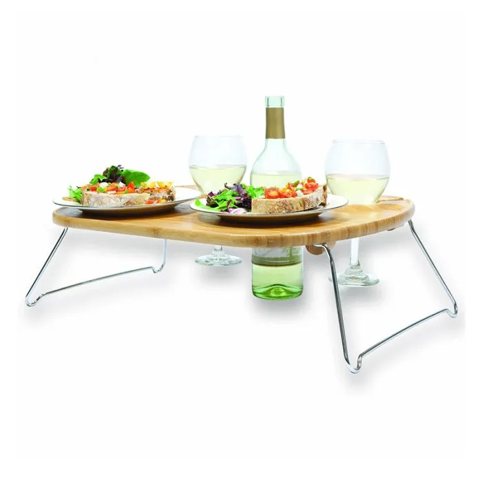 New Product Ideas 2021 Bamboo Wooden Wine Accessories Travel Camping Folding Outdoor Picnic Table With Wine Holders