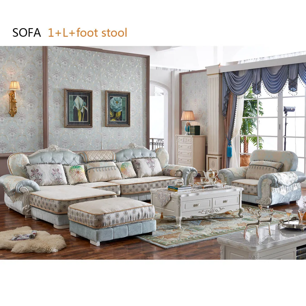 
Antique Design Top Living Room Sofa European Design Navy Blue Fabric Sofa Set 