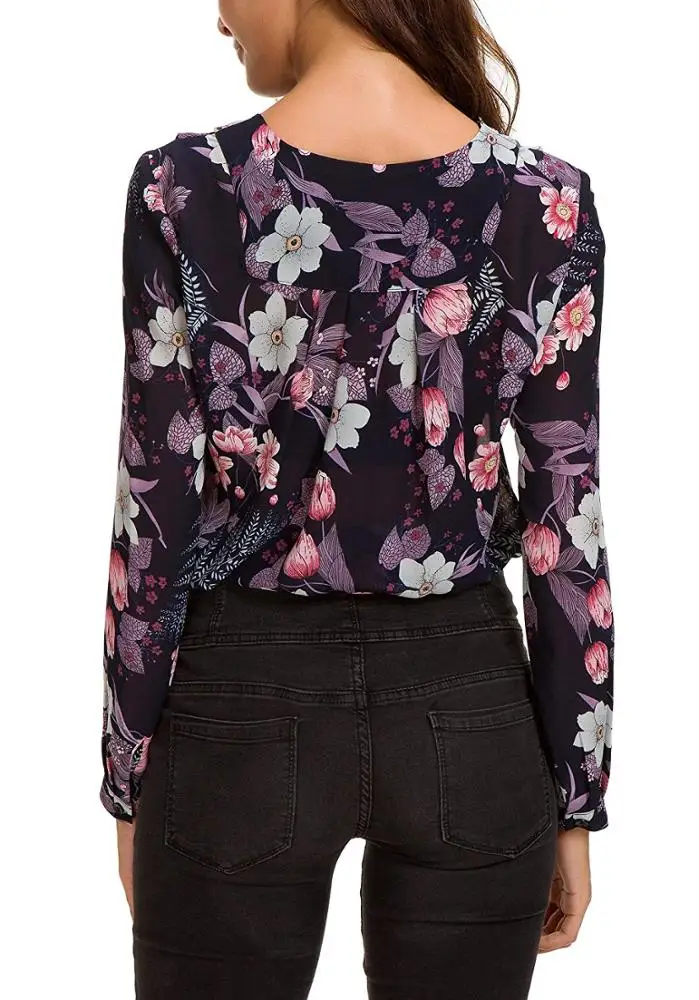 Hot Sale Fashion OEM Blouse Floral Printing Top Neckline Women Lady