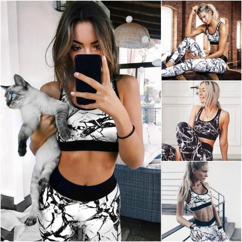 
2 pcs Womens Marbling Gym Athletic Yoga Pants Wear Set 