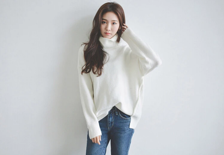 women pullover knitted turtle neck long sleeve Korean style fashion loose sweaters white