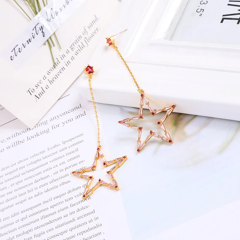
New Korean Designs Handmade Jewelry long Dangle Brass CZ Star Zircon earrings 