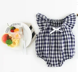 Wholesale baby clothing flutter sleeve linen cotton plaid baby jumpsuit toddler girls romper