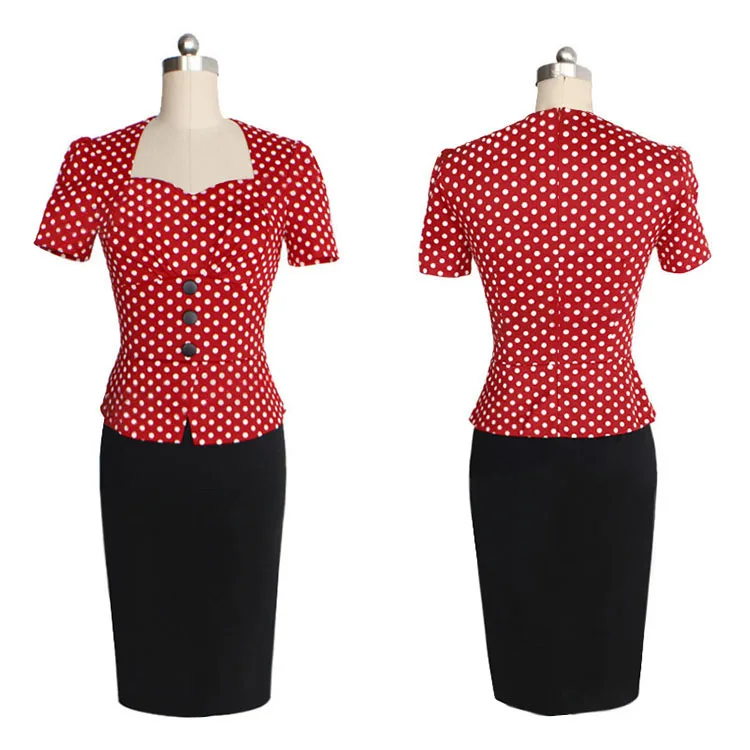 
In Stock Item Two Piece Office Dress Patchwork Dot Elegant Business Party Formal Bodycon Pencil Work Dresses 