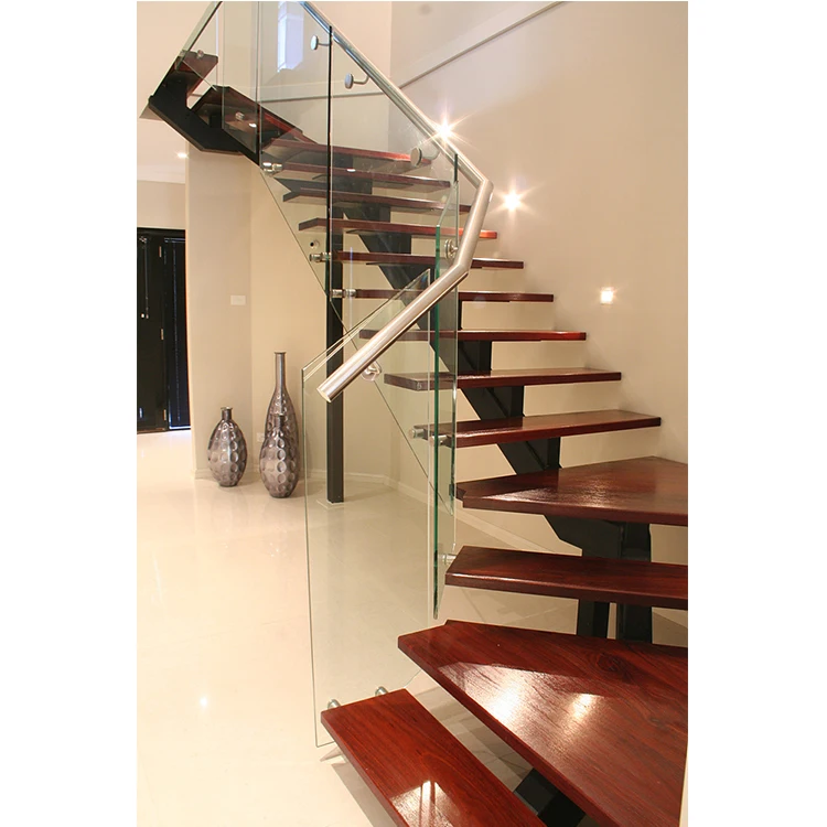stainless steel interior curved glass wood stairs /punched hole metal railing/laminated glass glass stairs