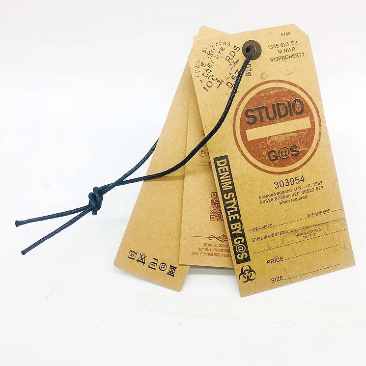 Custom Printing Brand Name Logo Recycled Thickness Kraft Paper Wing Tags Jeans Kraft Paper Hang Tag With Hemp String