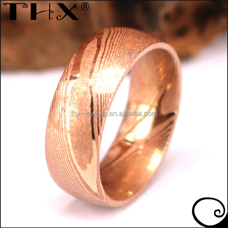 Cool Unique Men Women Rose Gold Pure Damascus Steel Wedding Ring