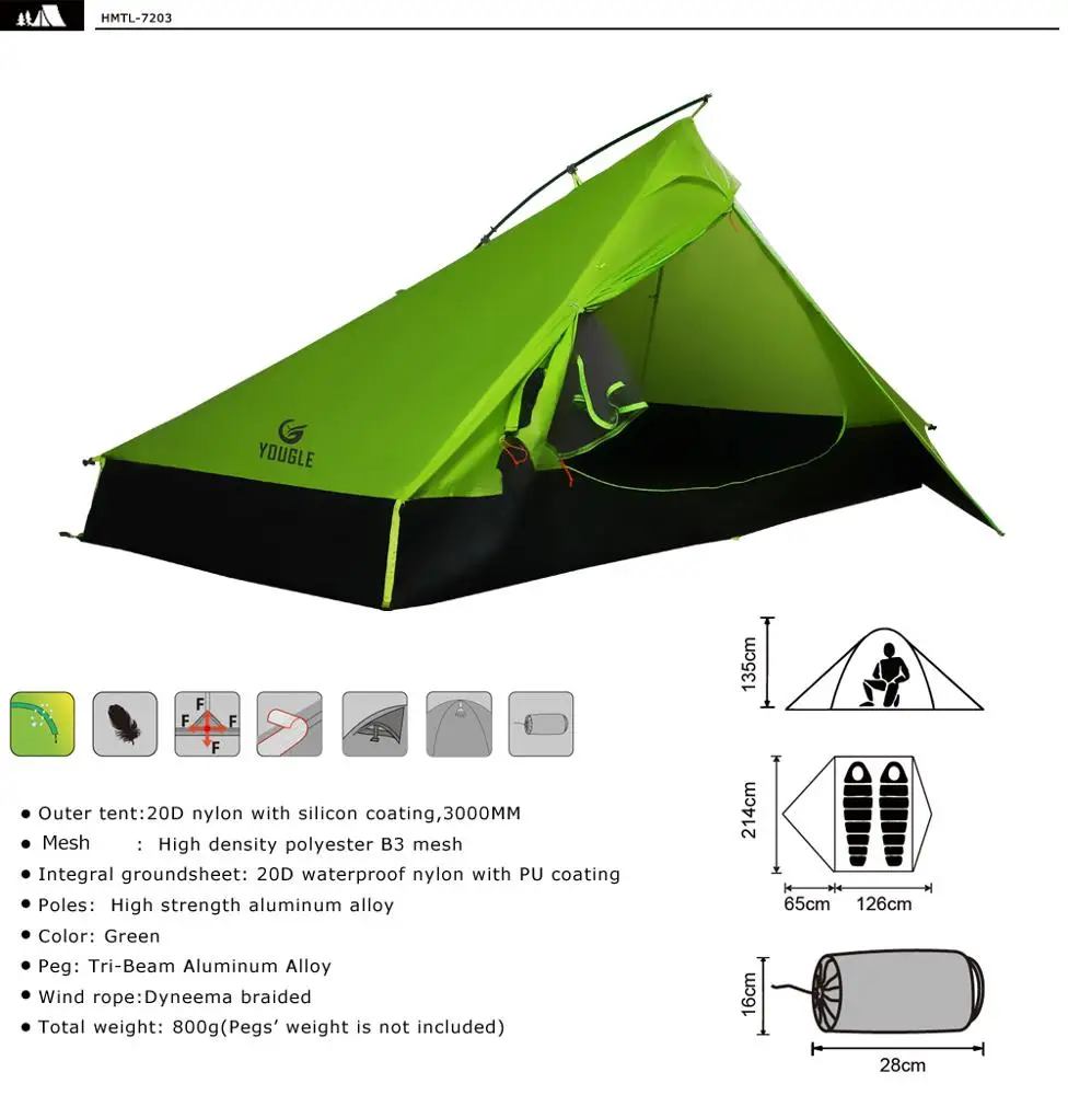 20D single Layer 2 Men Two Person Backpacking Tent 3 Season For Camping Hiking Trekking Travelling Ultralight Silicone Coated