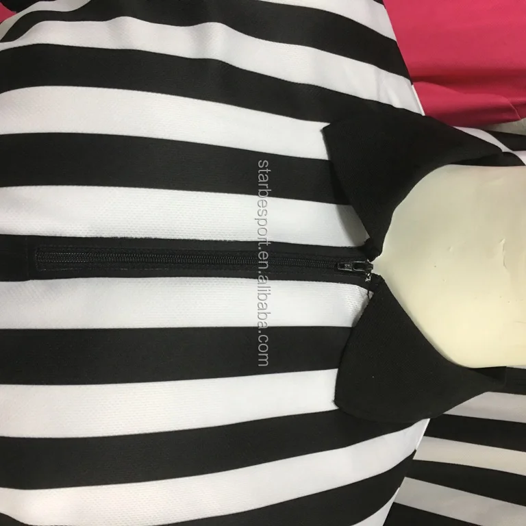 
custom sublimated black white striped referee jersey with elastic arm band 
