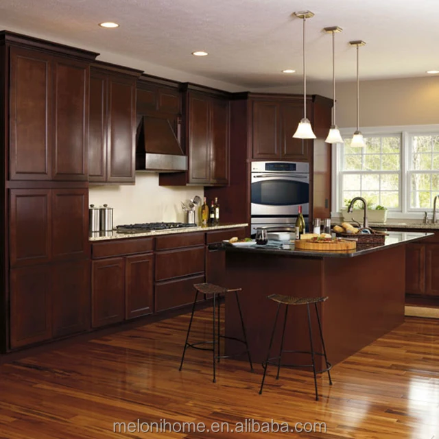Solid Oak Timber Kitchen Set with Quartz Countertop,Waterproof Cabinets in Dark Wood