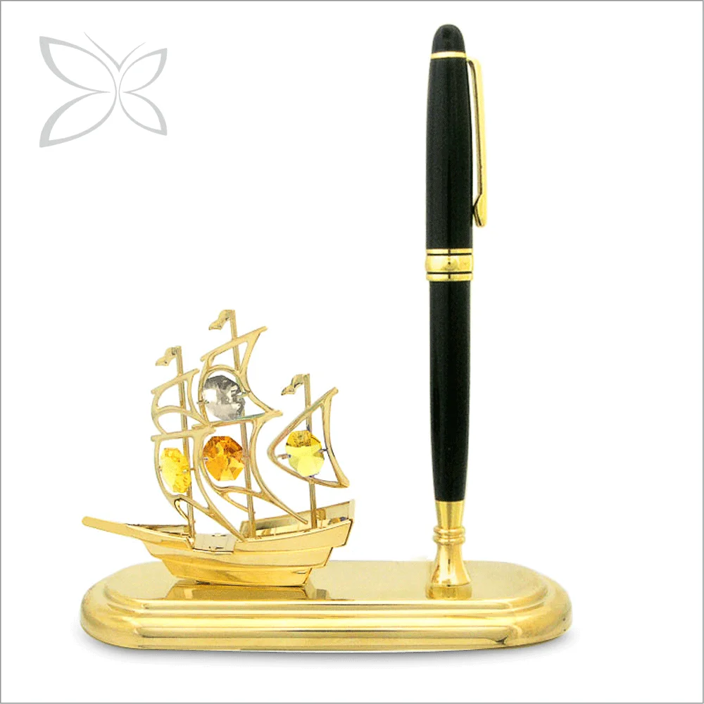 Crystocraft High Quality Gold Plated Metal Sailboat Figurine Pen Set with Brilliant Cut Crystals Corporate Gifts Ideas