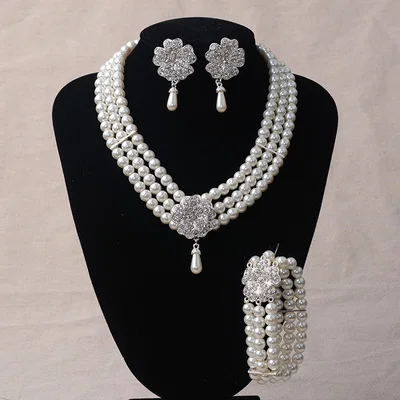 White Pearl jewelry Necklace Earrings Bracelet Bride Jewelry Set