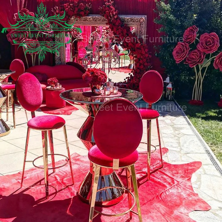 different colors pink green velvet fabric gold stainless steel frame round back bar stool