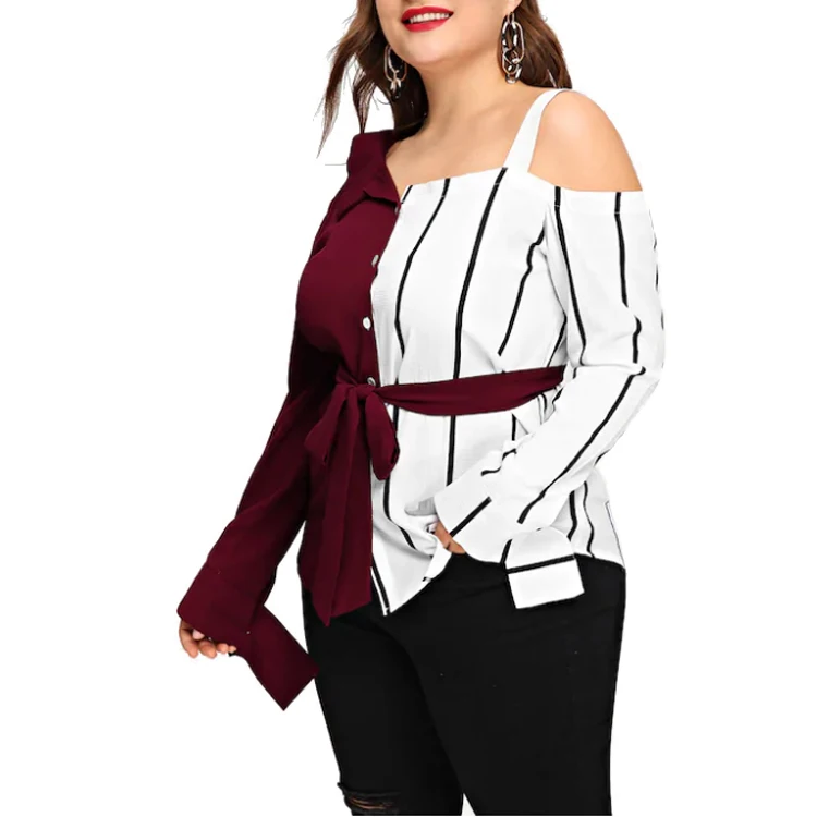 Wholesale Plus size Women Blouse  Fashion Casual Long Sleeve Lapel Vertical striped  Blouse
