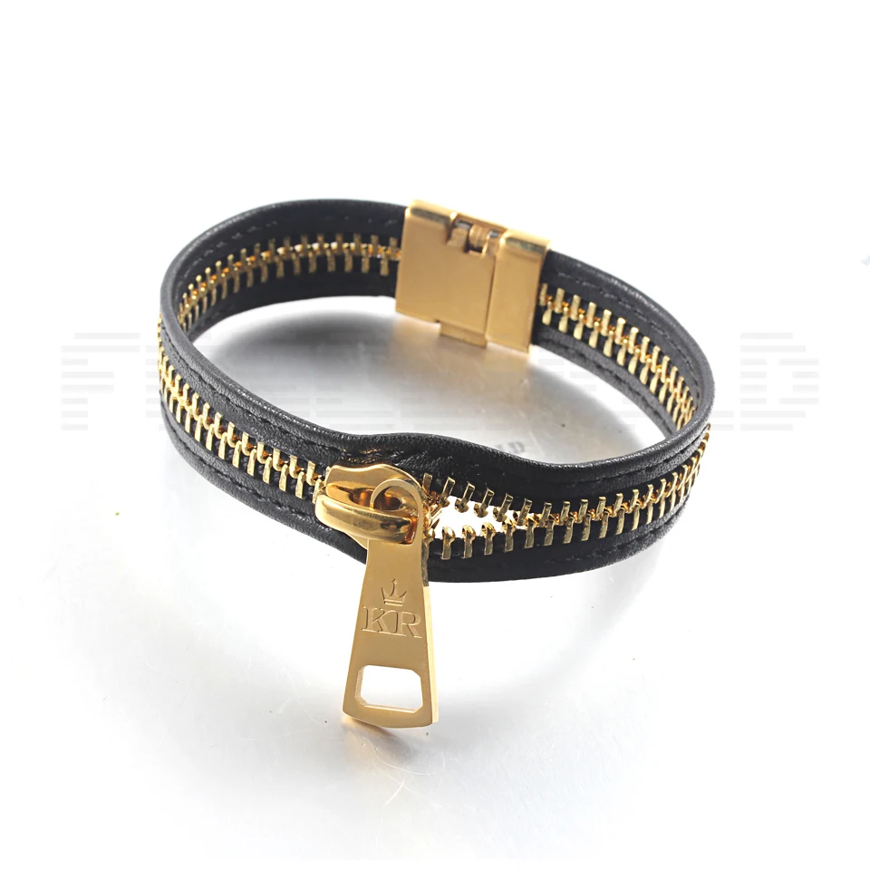 Stainless Steel Zipper Pull Leather Bracelet