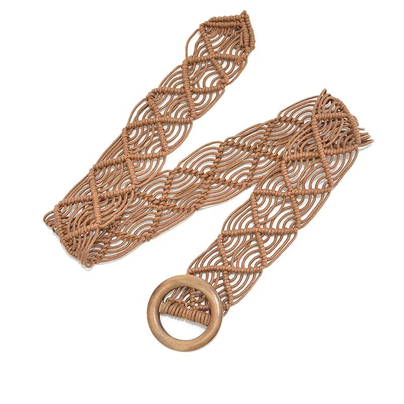 Ethnic Style Waist Chain Vintage Handmade Wax Rope Woven Wooden Buckle Belt