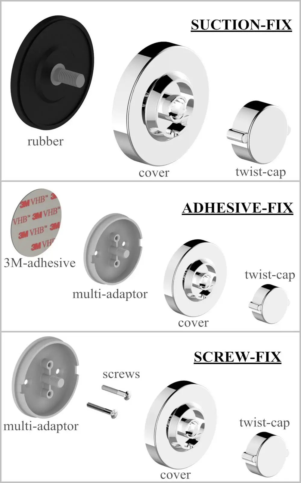 
Hair Dryer Straightener Holder with Hooks, Suction Cups or Screws, Stainless Steel 