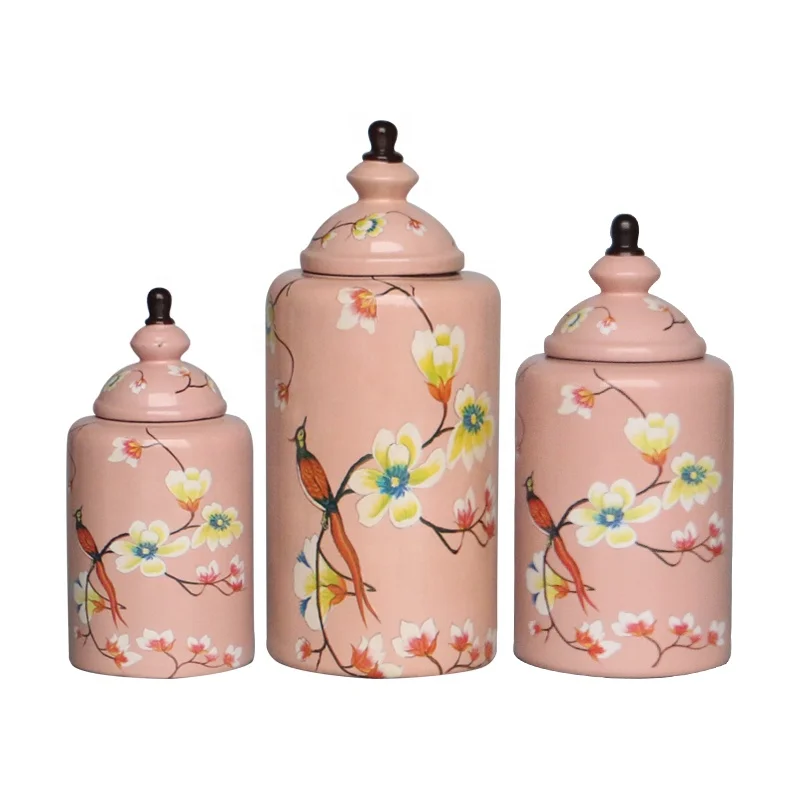 pink ceramic jar with flower and bird painted for hotel or home decoration porcelain holiday gift wholesale