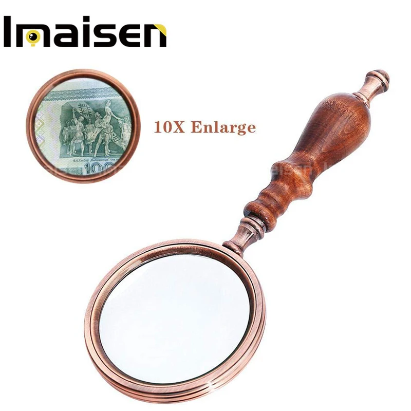Metallic Wooden Handle Vintage Reading Magnifier High-end Handheld Optical Glass Magnifying Glass, Bronze 10x Magnifier