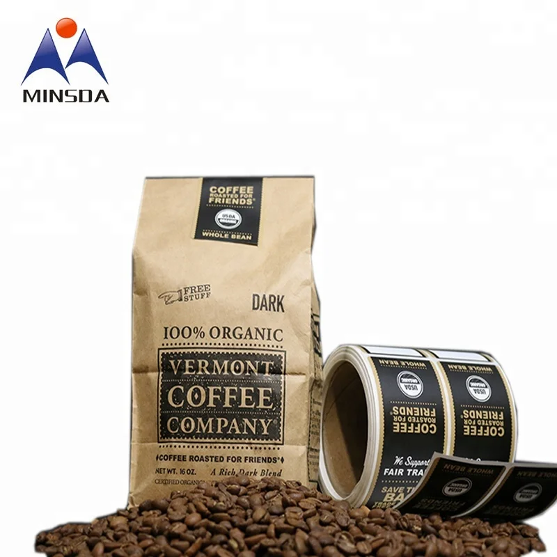 Minsda Custom Adhesive Black Food Labels For Coffee Bags Printed Coffee bag sticker