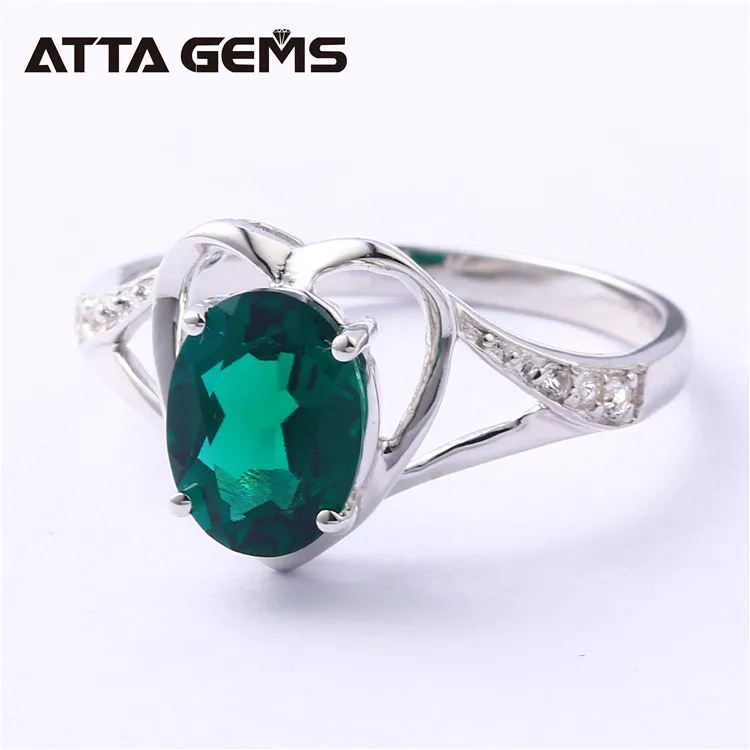 Synthetic Russian Heart Shape Oval Cut Emerald Nano 925 Silver Plated Platinum Ring for Valentines Gift
