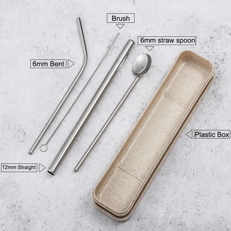 Environment-Friendly reusable metal stainless steel straw spoon set of 4 with cleaning brush for boba tea coffee milk