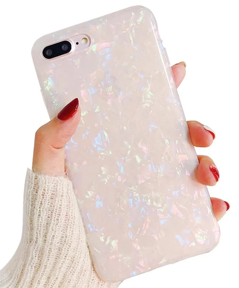 
Cute Glitter Phone Case For iPhone 7/ 8 Plus Pearly Translucent Shell Pattern Soft Silicone Rubber TPU Case Cover for Girls 
