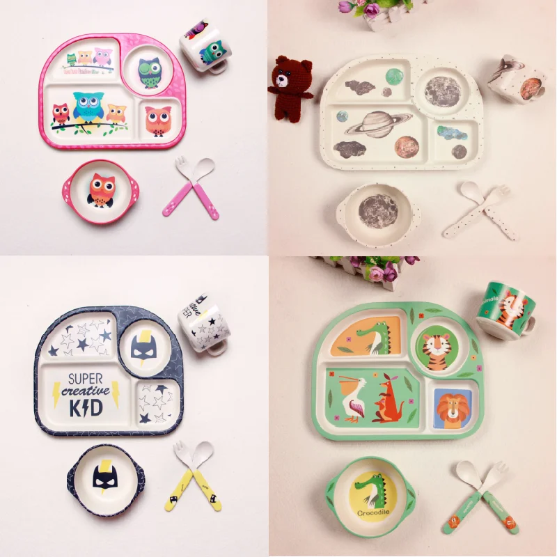 Wholesale 5 piece eco -friendly bamboo fiber kids dinnerware baby bamboo fiber dinnerware children dinnerware sets