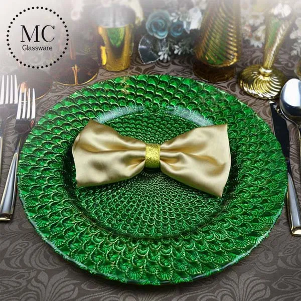 Wholesale wedding round cobalt blue feather glass charger plates