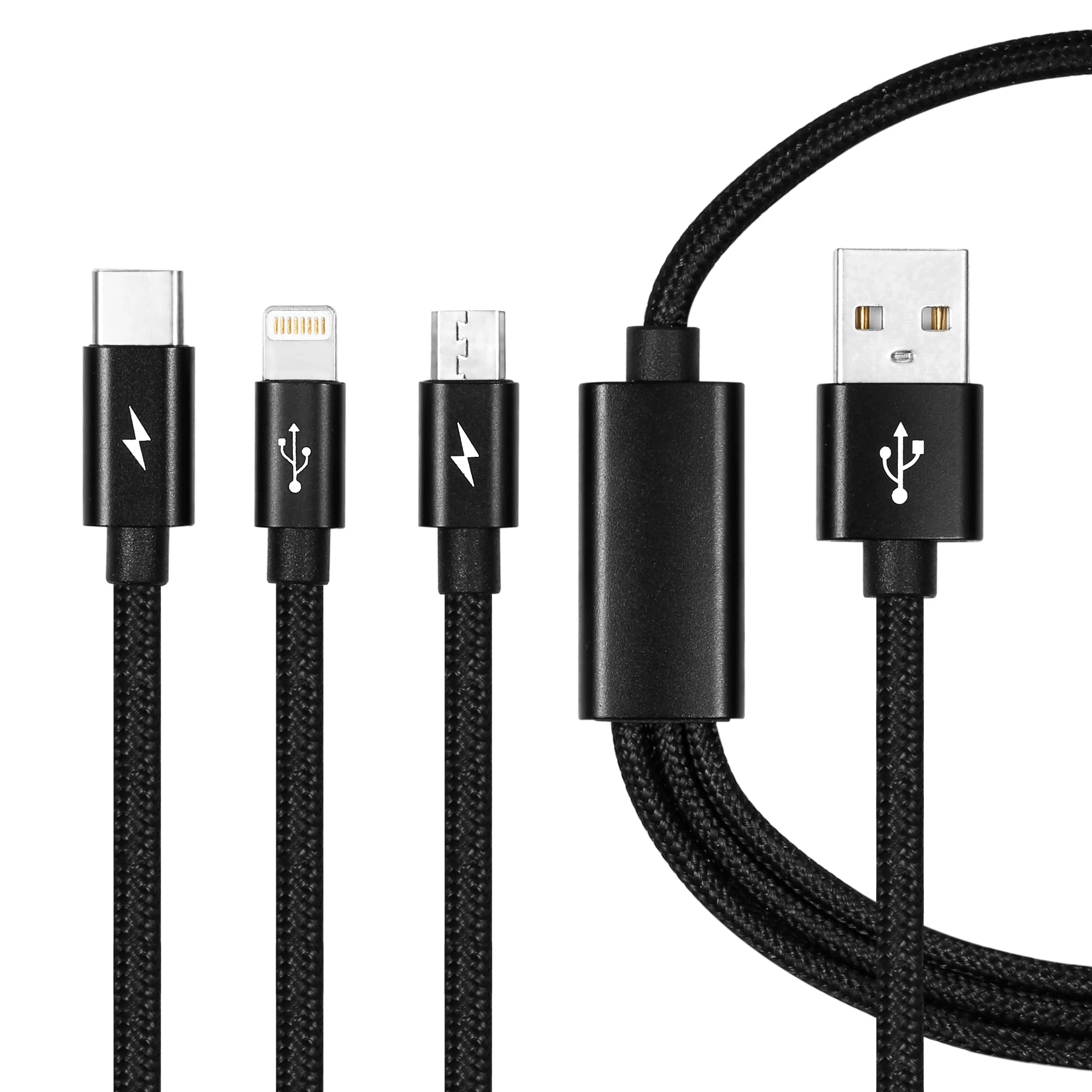 OEM Service 2 meter 5V 2A Android usb cable Nylon braided 3 in 1 USB Mobile Phone Charging Cable